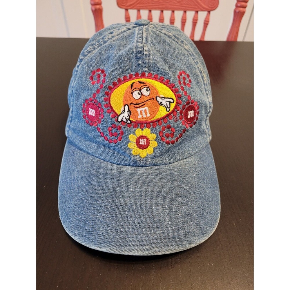 Vintage M&M's Denim Hat Orange M&M World Las Vegas Embroidered Jean Strap Cap